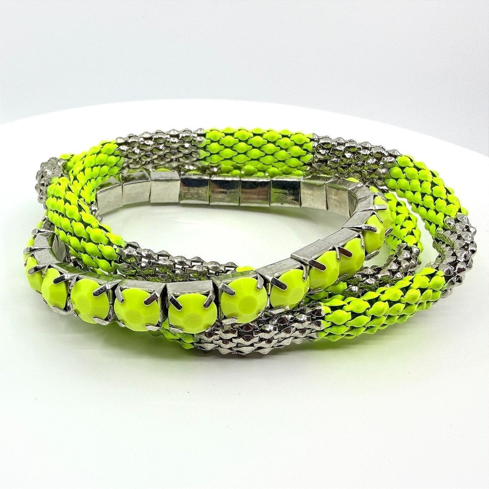 Vintage Neon Yellow Silver Tone 3pc Stretch Bracelet Set Mesh Coil Retro Y2K 90s